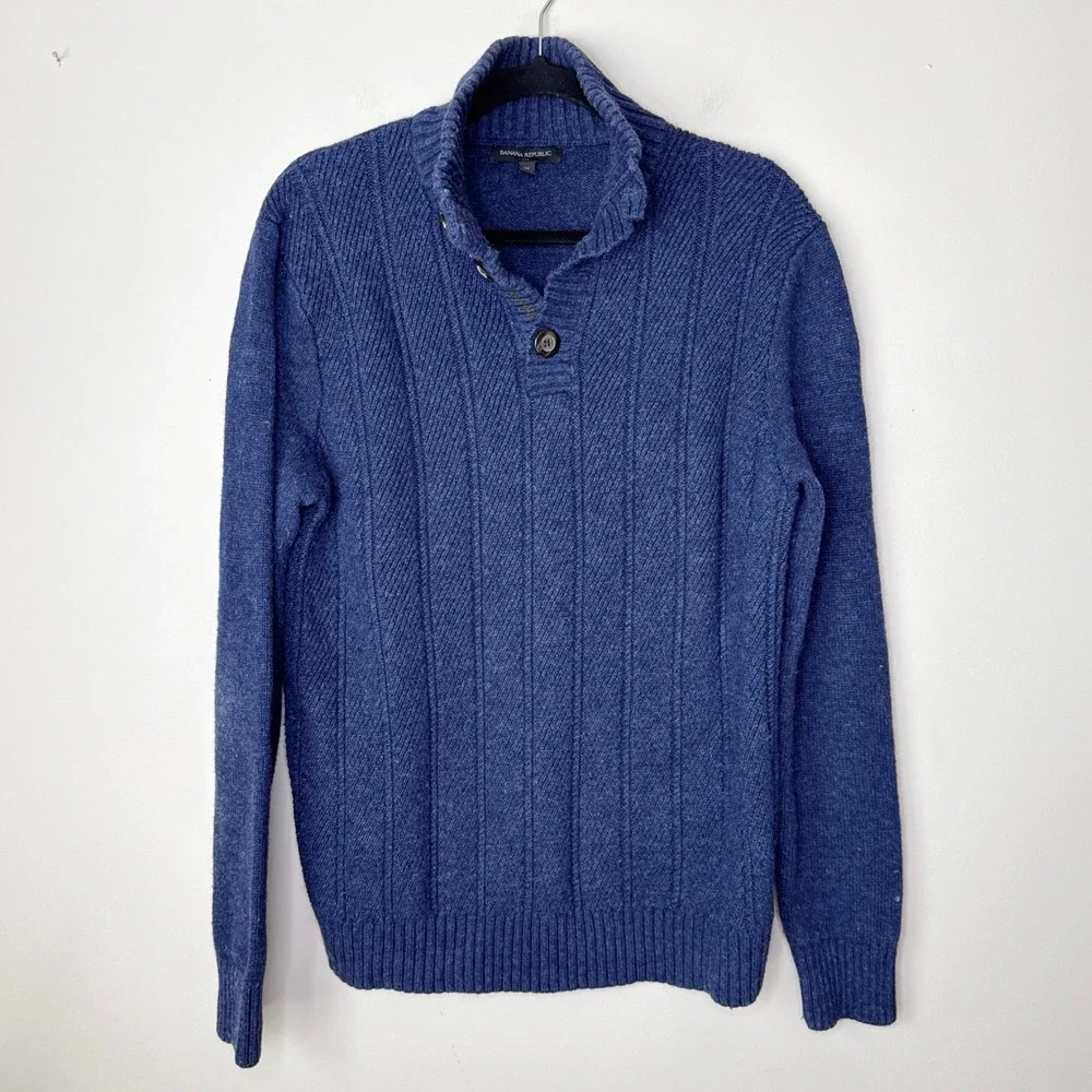 Banana Republic Blue Button Mock Neck Textured Cotton Wool‎ Sweater Medium